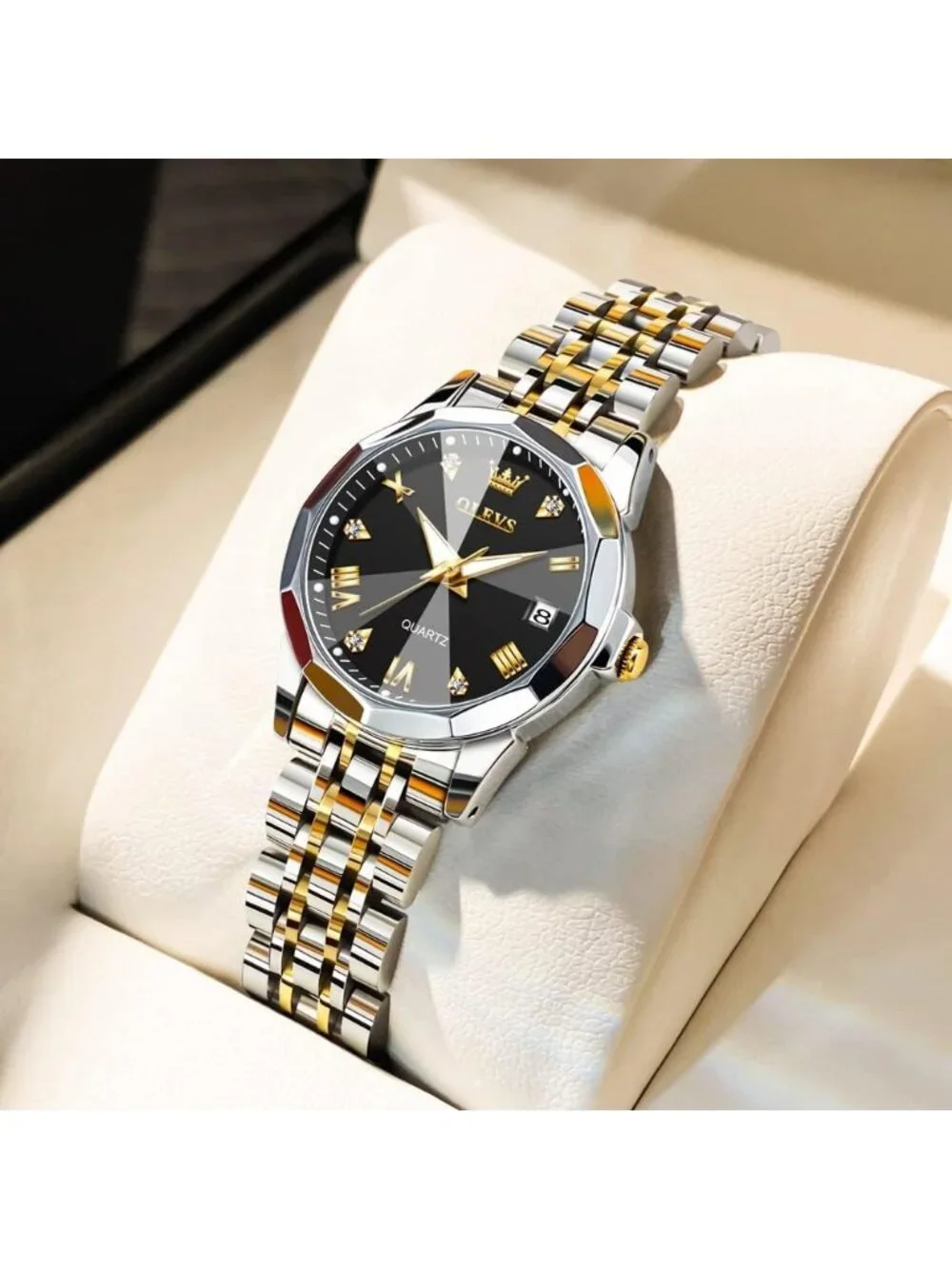 Women's Black Gold Silver Diamond Analog Stainless Steel Waterproof Wrist Watch